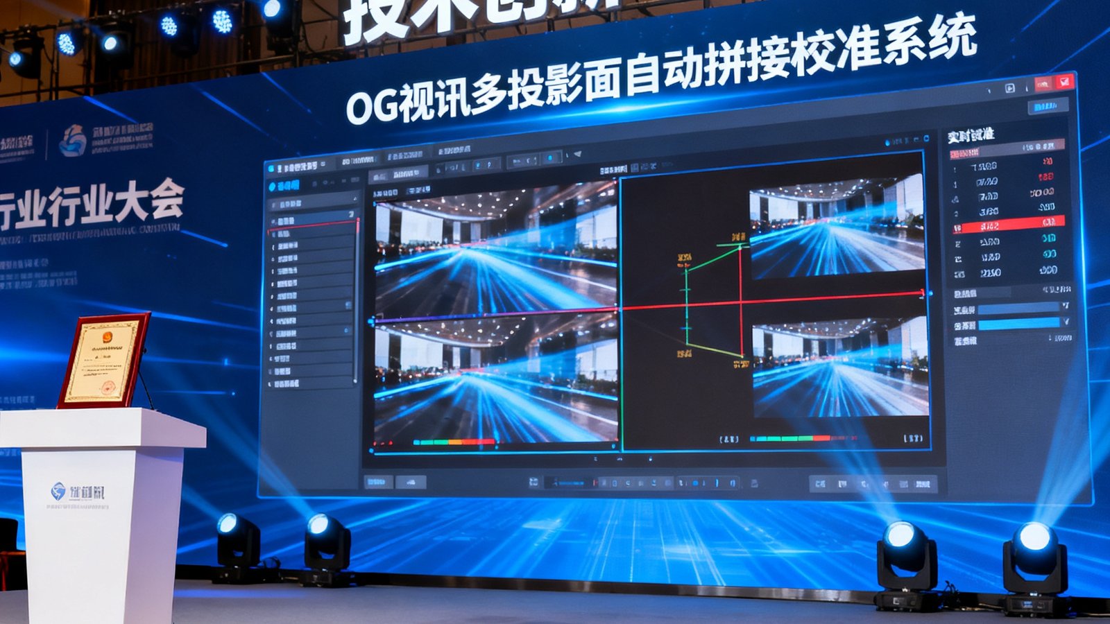 OG视讯自主研发的多投影面自动拼接校准系统在行业大会上获得技术创新奖，颁奖现场大屏幕展示着该系统的实时校准界面。