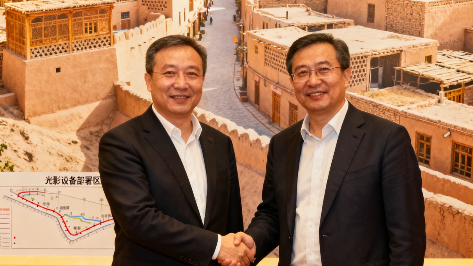 OG视讯与新疆喀什古城景区管理方在签约仪式上握手合影，背景是古城标志性的生土建筑群和即将部署光影设备的巷道示意图。